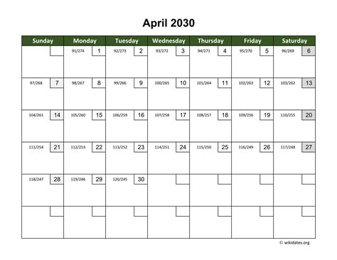 April 2030 Calendar With Day Numbers