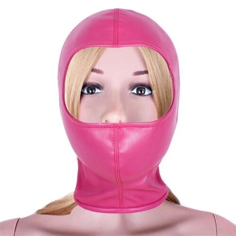 Pu Leather Hood Mask Open Eye Face Head Harness Slave Bdsm Bondage