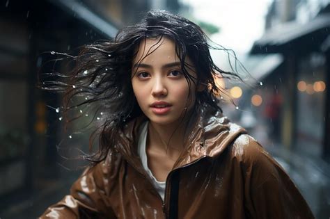premium ai image generative ai image of asian girl looks soaking wet in the heavy rain