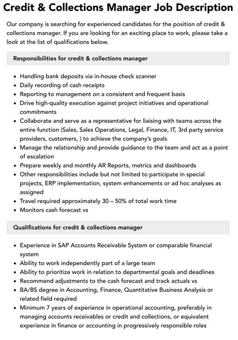 Credit And Collections Manager Job Description Velvet Jobs