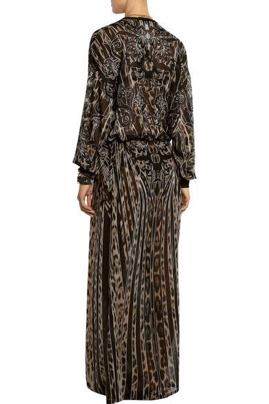 Roberto Cavalli Embroidered Leopard Print Silk Chiffon Maxi Dress