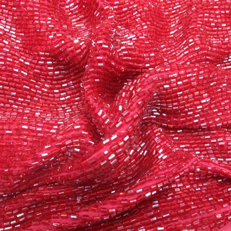 Red Bugle Bead On Silk Georgette Ground Fabric Rex Fabrics