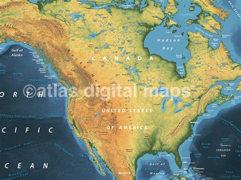 Land And Sea Relief Map Of North America With Navy Sea Detail Wall