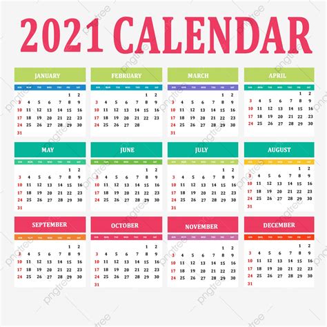 Calendario 2021 De Múltiples Colores Descarga Gratuita De Plantilla En