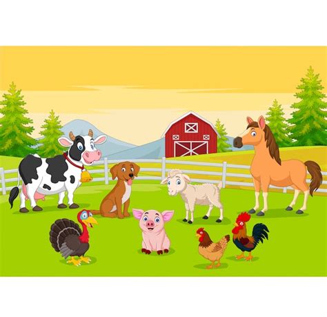 Dibujos Animados De Animales De Granja En El Fondo Agrícola Vector
