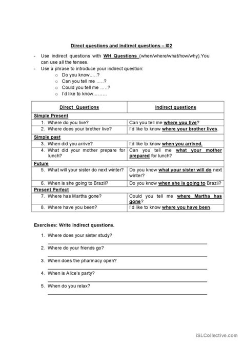 Direct And Indirect Questions English Esl Worksheets Pdf And Doc