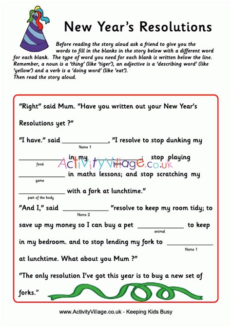 Fill In The Blank Story New Year Resolutions For Kids