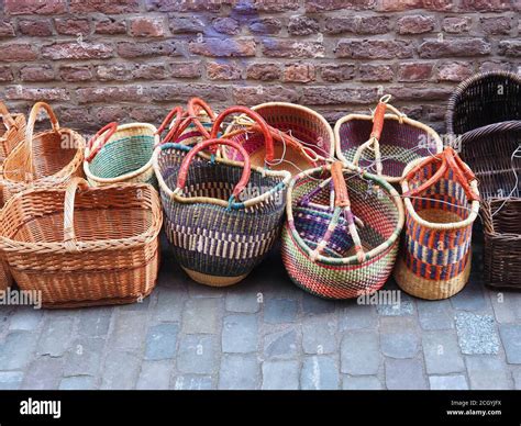 Colorful Woven Shopping Baskets At A Street Market Stock Photo Alamy