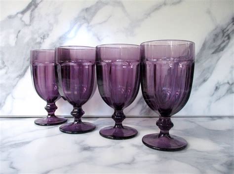 Vintage 4 Amethyst Purple Goblets Vintage Dark Purple Gibraltar Goblets 14 Oz Beverages Glasses