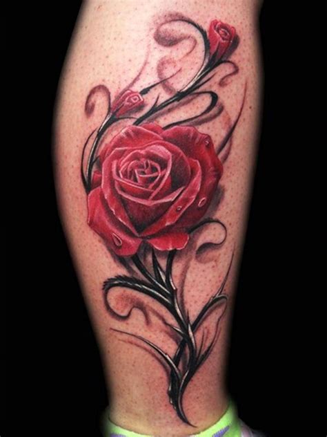 Leg Calf Red Rose Tattoo Design For Women