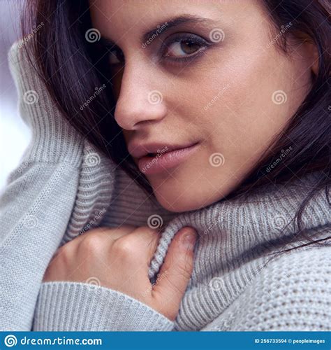 Warm Soft And Sexy Closeup Of A Beautiful Brunette In Winter Clothing