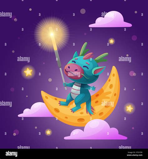 Chinese Dragon Holding Sparkler Sits On The Moon In The Night Sky Cute