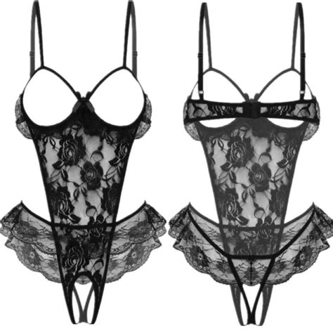 women see through lace lingerie bodysuit open cup bra crotchless thong nightwear 8 88 picclick