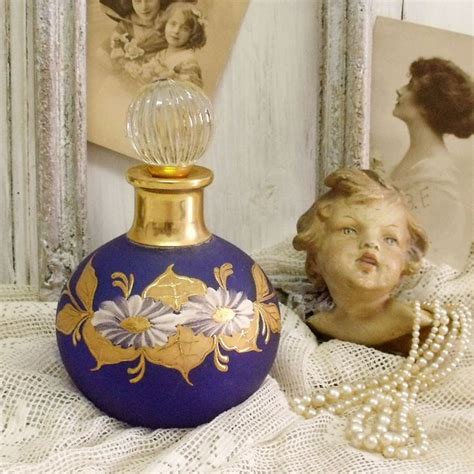 Vintage Cobalt Blue Big Frosted Glass Perfume Bottle With Handpainted Gold Flowers For Vanity
