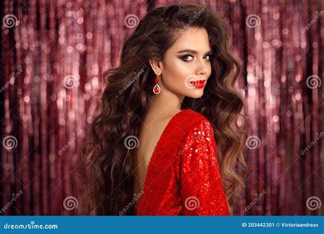 Beautiful Brunette In Red Dress With Healthy Wavy Hair Glamour Makeup Stock Image Image Of