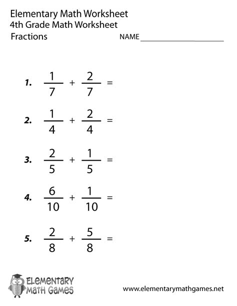 Fraction Math For 4th Grade Worksheet