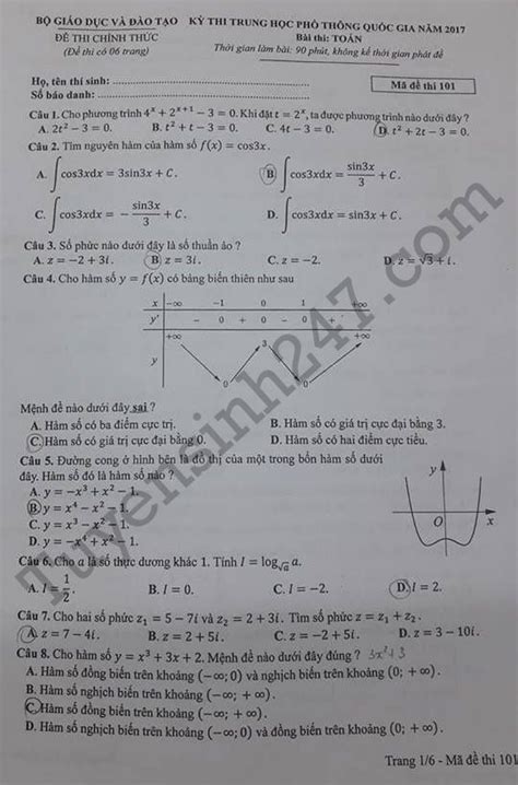 Chiều nay (7/7), thí sinh tham dự kỳ thi thpt quốc gia năm 2021 sẽ bước vào bài thi môn toán với thời gian là 90 phút. Đáp án đề Toán mã đề 101 thi THPT Quốc gia 2017