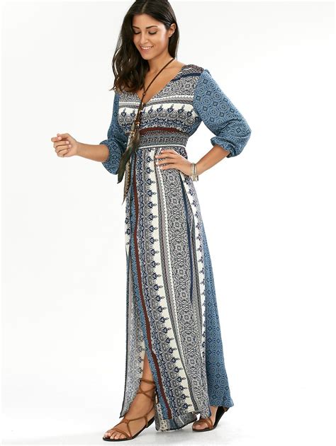 2018 Empire Waist Button Down Flowy Beach Bohemian Maxi Dress Blue S In