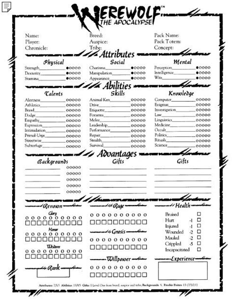 Werewolf The Apocalypse Character Sheet Rpg Sheets