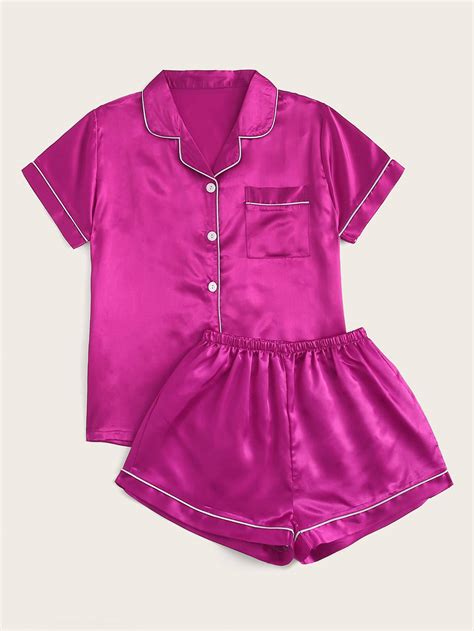 Neon Hot Pink Contrast Binding Satin Pajama Set Jafpar