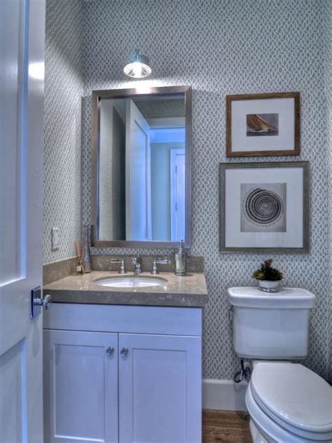 Transitional Powder Room With Geometric Wallpaper Pattern