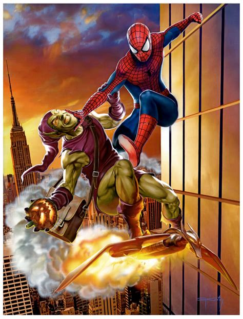 Spider Man Green Goblin Large Framed Battle Painting Comic Art For Sale By Artist Gennadiy