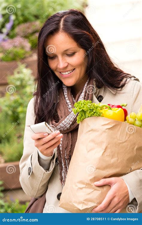 Smiling Woman Shopping Vegetables Mobile Phone Sms Stock Image Image