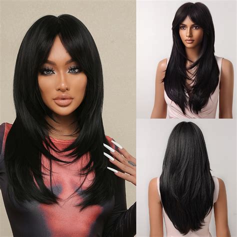 Black Synthetic Long Straight Layered Black Natural Hair Wig