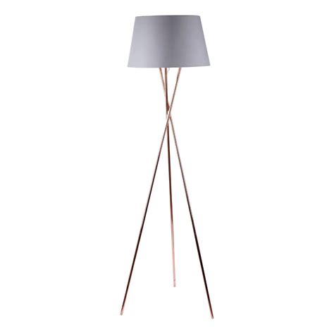 Pair Copper Tripod Floor Lamp With Grey Fabric Shade