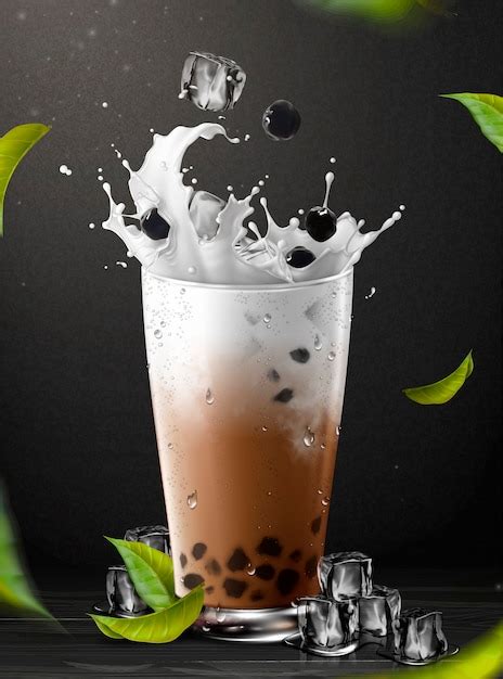 Premium Vector Boba Tea Element With Splashing Milk In Glass Cup On