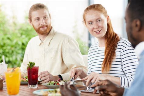 Friends Have Lunch In Cafe Stock Photo Image Of Indoors 157212540