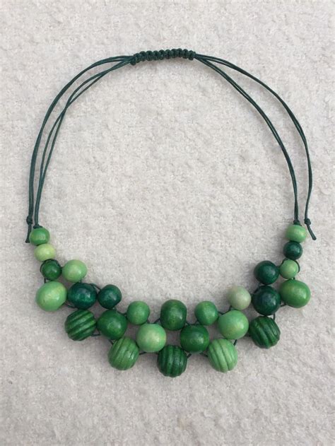 Image Green Statement Necklace Green Cotton Wooden Beads Fringe
