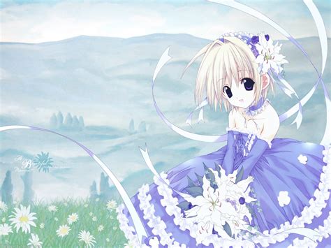 Wallpaper Illustration Anime Dress Flower Girl Bouquet Computer