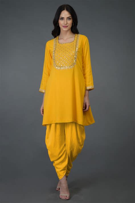 Buy Yellow Cotton Silk Square Neck Embellished Kurta Dhoti Pant Set For