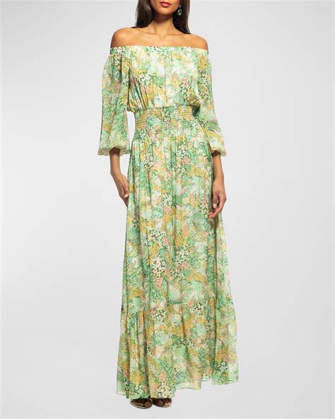Shoshanna Smocked Off Shoulder Floral Print Maxi Dress In Mint Multi