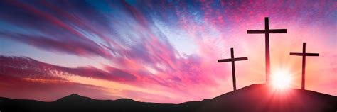 Three Wooden Crosses On Calvarys Hill At Sunrise Crucifixion And