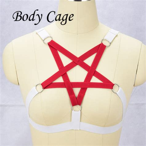 Body Cage Sexy White Elastic Lingerie Red Pentagram Star Harness