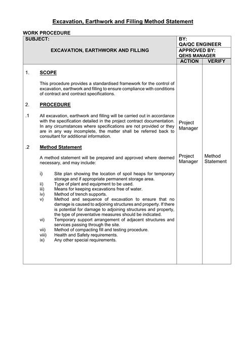 Method statements are usually only necessary for higher risk work, in addition to the risk assessments. Excavation, Earthwork and Filling