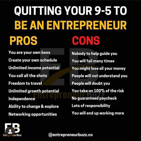 entrepreneurship mindset on instagram “pros and cons of quitting your 9 5 job to be an