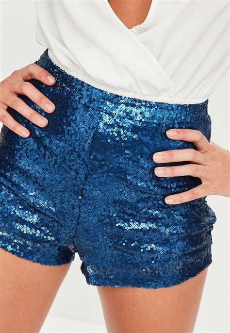 Missguided Blue Sequin High Waisted Shorts Lyst