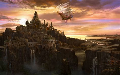 Download Ship Sky Waterfall Fantasy City Hd Wallpaper