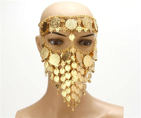 Belly Dance Costume Headwear Coins Face Mask Veil Tribal Arab African Egypt Gold Plated