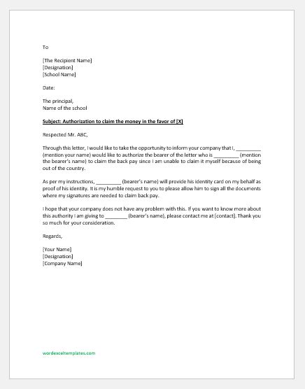 Authorization Letter To Claim Back Pay Sample Letters