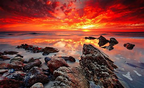 Fiery Sea Sunset Red Rocks Amazing Shore Glow Fiery Bonito