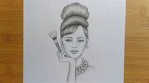 How To Draw A Beautiful Girl With Makeup Brushes Pencil Sketch