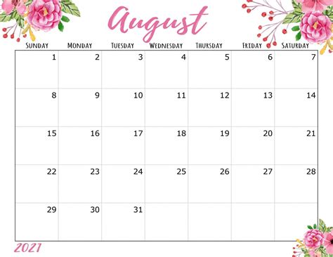 Blank August 2021 Calendar Printable Free Download Artofit