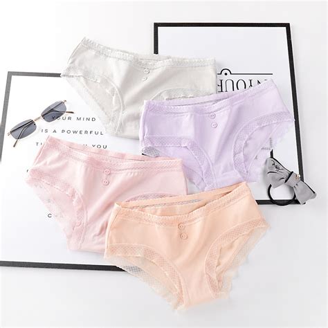 Cute Button Women Breathable Lace Panties Solid Low Waist Panty Sexy Cotton Underwear Soft