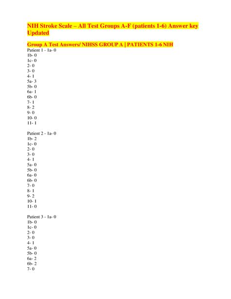 Nih Stroke Scale All Test Groups A F Patients 1 6 Answer Key