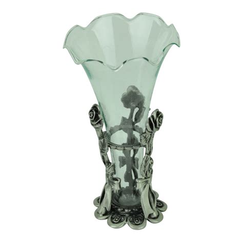 Roses Cast Metal Pewter Vase Tripod Blown Glass Flower Holder Home Décor