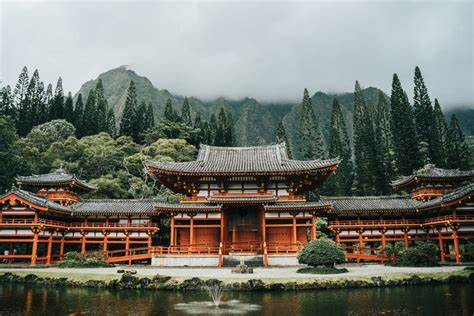 Byodo In Japanese Temple With A Pond In Front In Oahu Island Hawaii